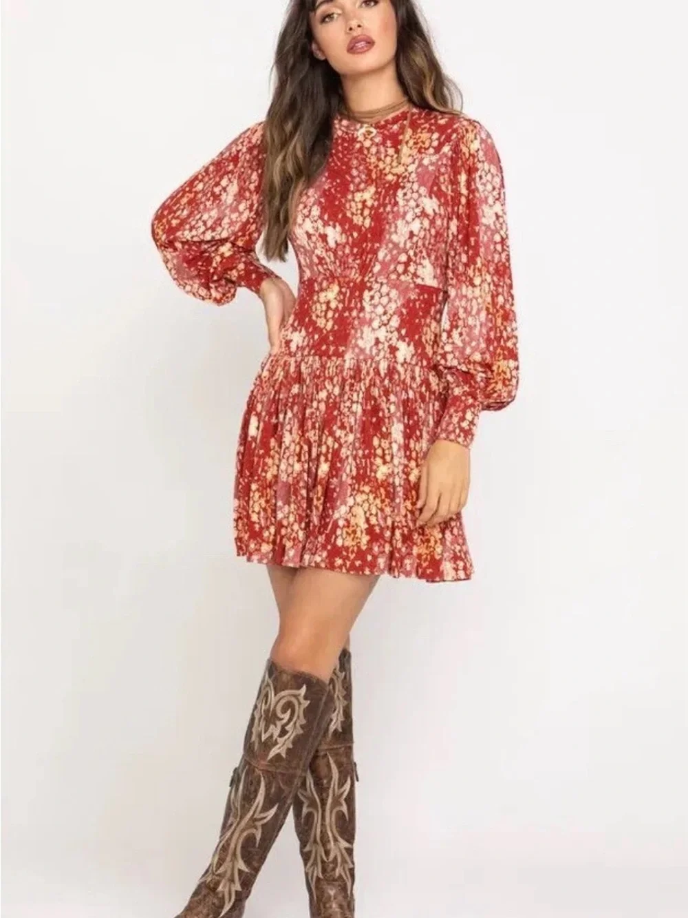 Free People Heartbeats Mini Rust Floral Long-Sleeve Mini Dress Size L NWT - Picture 1 of 10